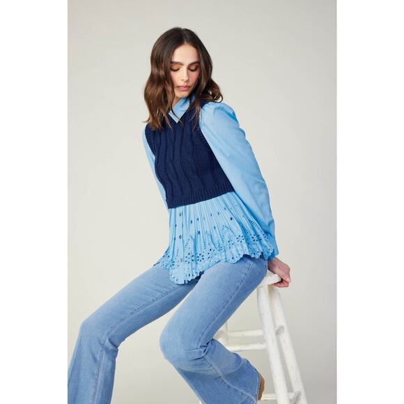 Current Air Blue Contrast Eyelit Top Sz M Academia Cable Knit Preppy - Picture 1 of 11